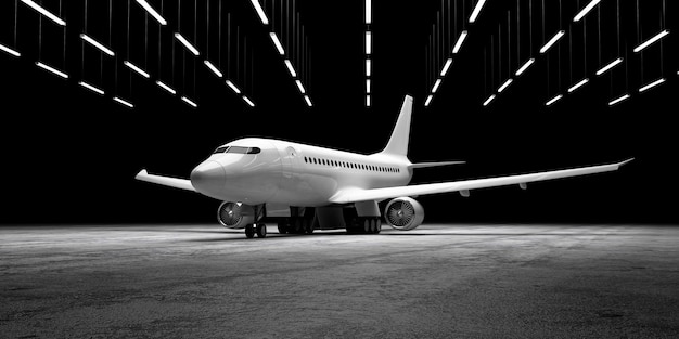 Flugzeug auf Betonboden im Hangar mit Lampenbeleuchtung