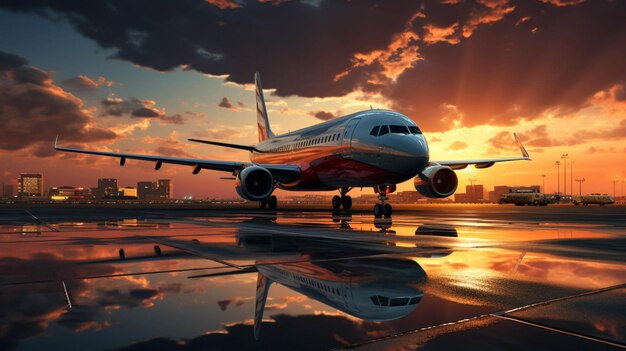 Foto flugzeug auf der start- und landebahn beim sonnenuntergang