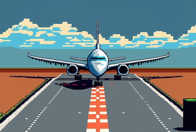 Flugzeug auf Start- und Landebahn Reisen Transport Pixel Art Stil grafischer Hintergrund