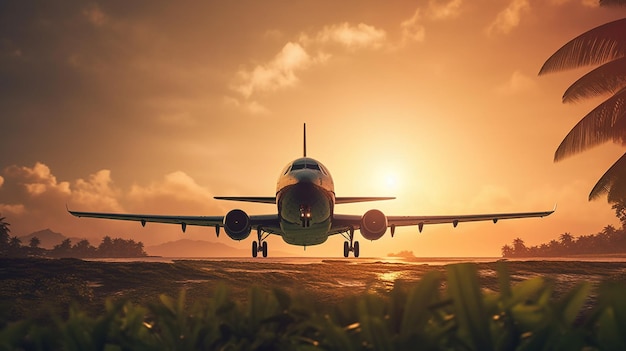 Flugzeug, das bei Sonnenuntergang über die tropische Insel fliegt Reisekonzeptgenerative ai