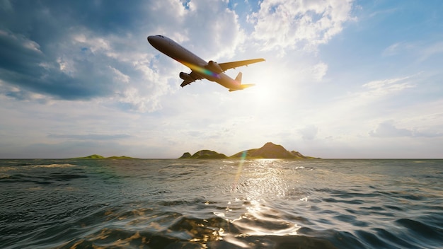 Flugzeug, das über dem Meer fliegt, mit Sonnenlicht, das im Hintergrund des blauen Himmels scheint Reisereise und Wanderlust-Transportkonzept 3D-Illustrations-Rendering