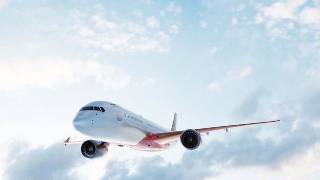 Flugzeug fliegt auf blauem Himmel.