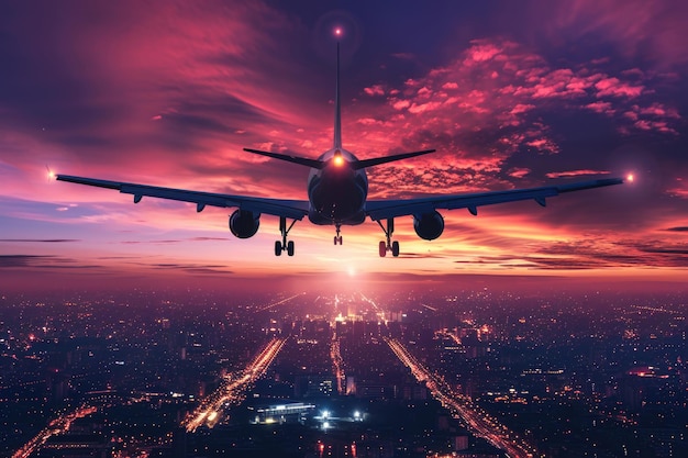 Foto flugzeug fliegt bei sonnenuntergang über die farbenfrohe stadthorizonte