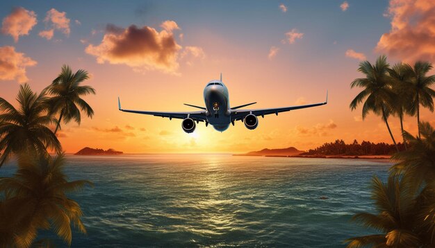 Flugzeug fliegt bei Sonnenuntergang über tropischen Meeren