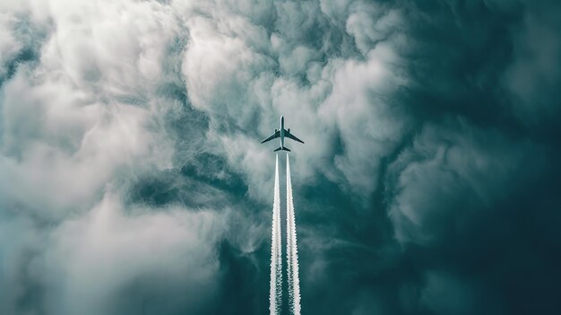 Flugzeug fliegt durch den blauen Wolkenhimmel