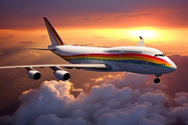 Flugzeug fliegt durch einen Regenbogen