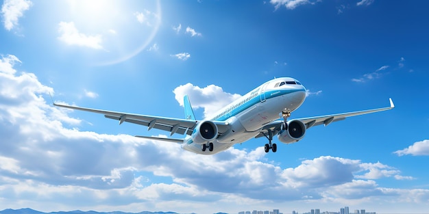 Flugzeug fliegt hinter blauem Himmel