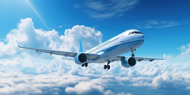 Flugzeug fliegt hinter blauem Himmel