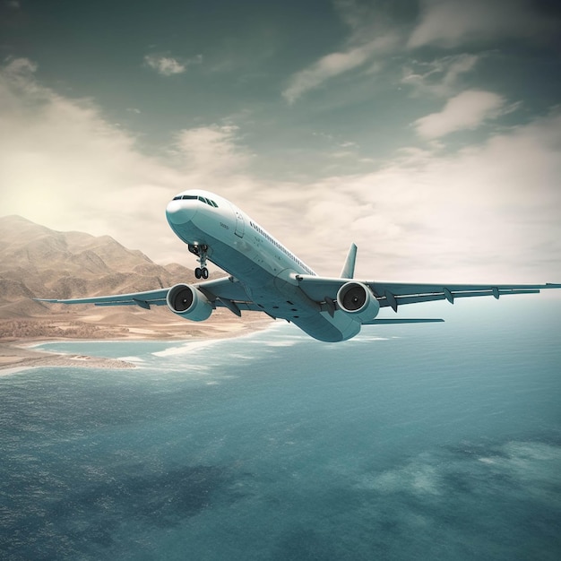 Flugzeug fliegt in den Himmel über dem Meer 3D-Rendering