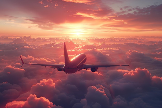 Foto flugzeug fliegt in der dämmerung mit dramatischem himmel