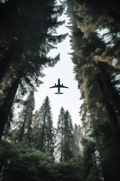 Flugzeug fliegt über Bäume in einem Wald