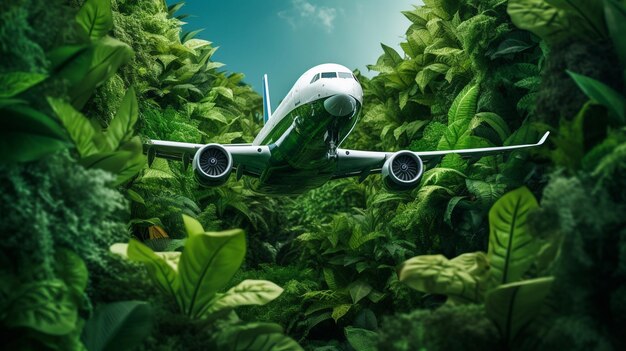 Flugzeug fliegt über das grüne Gras mit einem schönen Landschaftshintergrund 3D-Illustration