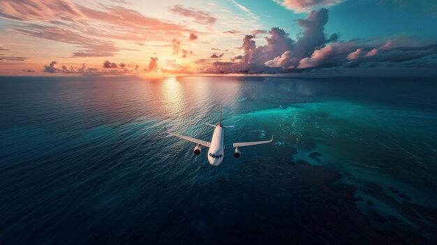 Flugzeug fliegt über dem Meer, Blick von oben