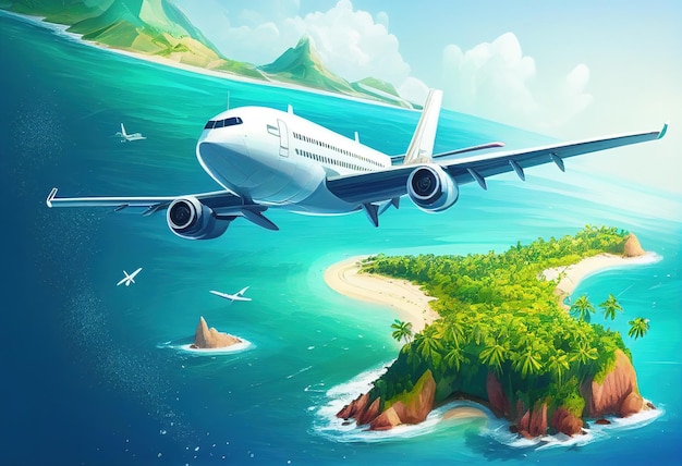 Flugzeug fliegt über Inseln und tropische Küstenlandschaft mit weißen Flugzeugen. Generative KI