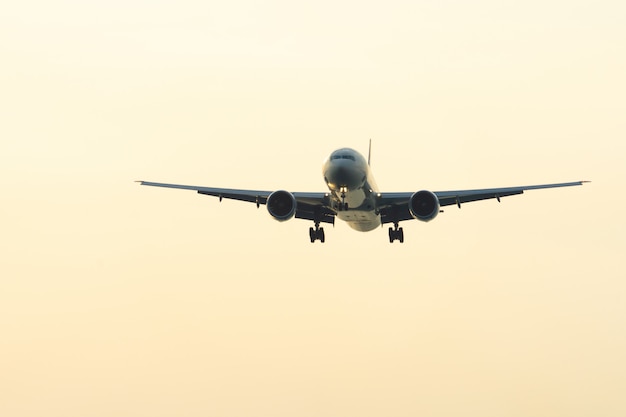 Flugzeug fliegt zum Flughafen während des Sonnenuntergangs.