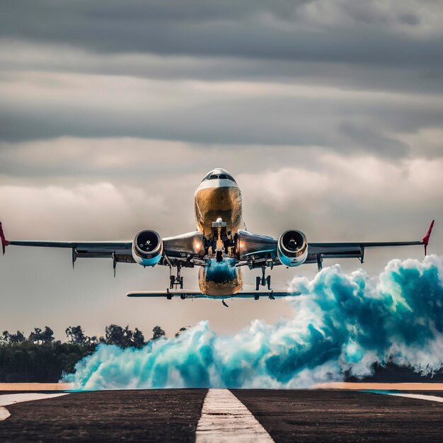 Flugzeug im blauen Rauch