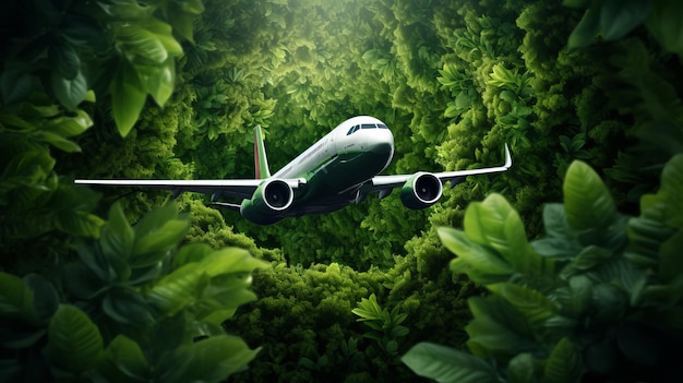 Flugzeug in Blättern auf grünem Copyspace-Hintergrund, nachhaltiges Reisekonzept ohne Emissionen