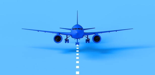 Flugzeug landet auf der Landebahn. Hintergrund. Banner. 3D-Darstellung.