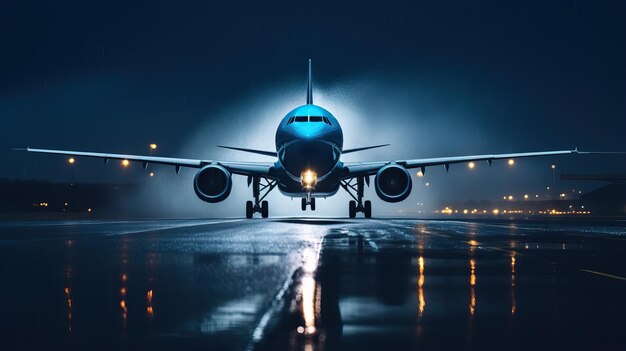 Flugzeug landet nachts auf dem Flughafen