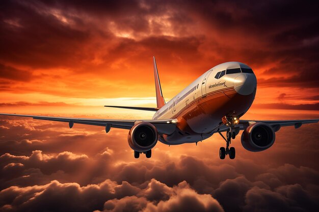 Flugzeug landet vor einem feurigen Sonnenuntergang