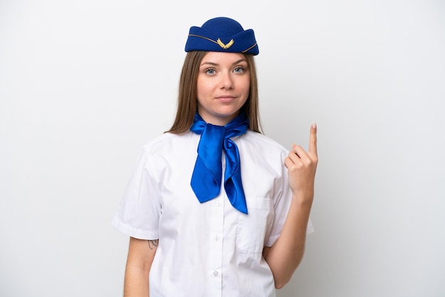 Flugzeug litauische Stewardess isoliert auf weißem Hintergrund, die mit dem Zeigefinger eine großartige Idee zeigt