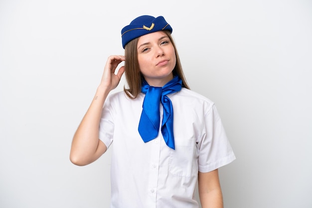 Flugzeug litauische Stewardess isoliert auf weißem Hintergrund mit Zweifeln und verwirrtem Gesichtsausdruck
