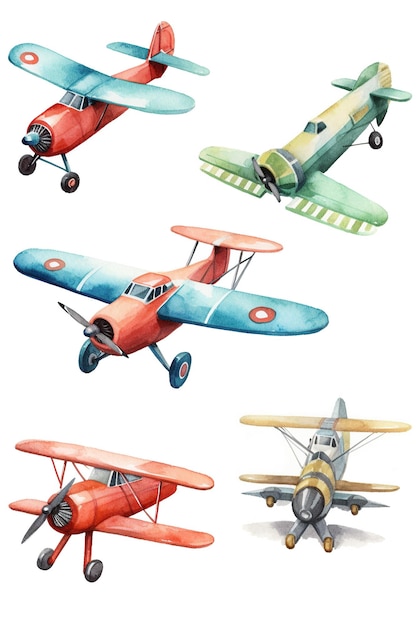 Flugzeug-Spielzeug-Aquarell-Cliparts niedlich isoliert auf weißem Hintergrund mit generativer KI