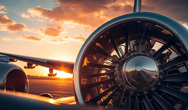 Flugzeug unter einem Motor bei Sonnenuntergang im Stil von Silber und Marine