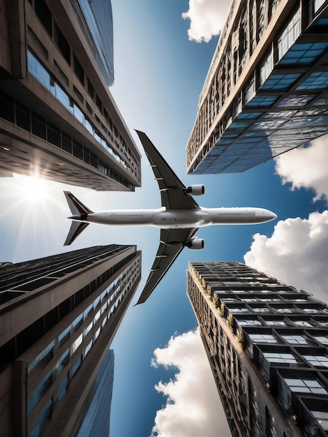 Foto flugzeug zwischen vielen wolkenkratzern mit niedrigem blickwinkel