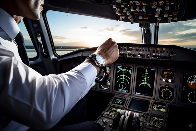 Flugzeugkapitän im Cockpit mit Sonnenuntergang