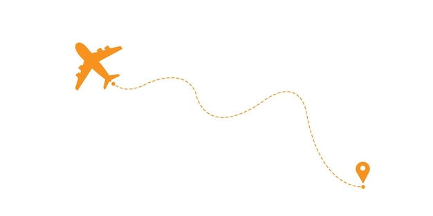 Flugzeugrouten orange Reise-Symbol Reise vom Startpunkt und gestreckter Linie Verfolgung Flugzeugroutes Luft gestreckte Karte Zeichnung