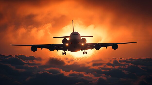 Flugzeugsilhouette gegen den dramatischen Sonnenuntergang mit lebendigen orangefarbenen Farben und Wolken, die Reisen und Abenteuer darstellen