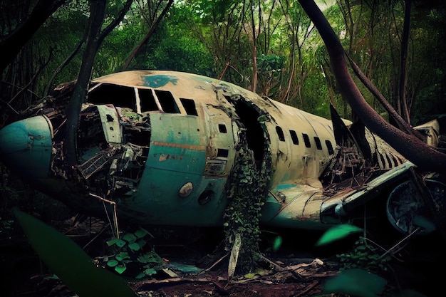 Flugzeugwrack, umgeben von dichtem Dschungel mit Ranken, die an den Trümmern emporklettern
