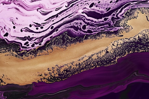 Fluid Art Abstracción de oro metálico y ondas púrpuras Fondo o textura de efecto mármol