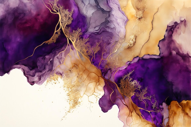 Fluid Art Flüssige violette Tinte und goldmetallische abstrakte Tropfen und Wellen Generative KI-Illustration