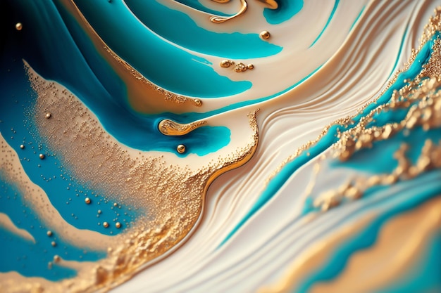 Fluid Art Liquid Turquesa e ondas brancas com partículas de ouro metálico Ilustração generativa de IA