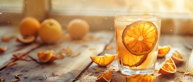 Un fluido invernal nutritivo de rebanadas de naranja secas y cuñas en un vaso sobre una mesa de madera y espacio IA generativa