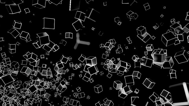 Flujo abstracto de siluetas de cubo con bordes blancos y negros sobre un diseño de fondo negro volando d