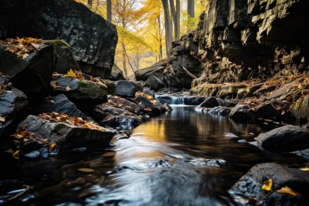 Flujo de un arroyo de montaña en el bosque de otoño