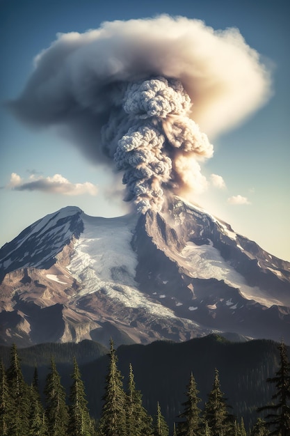 Flujo de ceniza de erupción volcánica y destrucción
