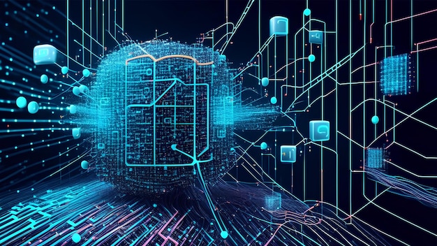 Flujo cibernético de grandes datos Campos de datos de cadena de bloques Línea de red Conexión de flujo Concepto de tecnología de IA