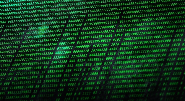 Un flujo de un código binario en tecnología de matriz verde neón