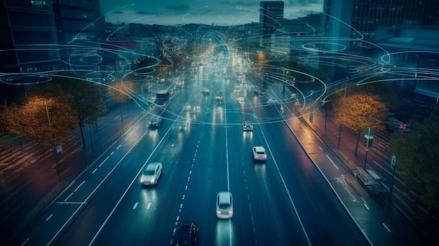 Flujo de datos 5G conducción autónoma corriendo por una calle en un paisaje Ilustrador de IA generativa