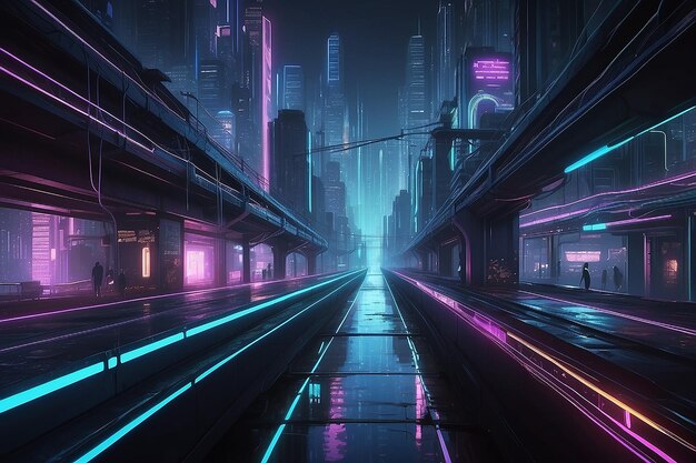 El flujo de datos biométricos de la metrópolis cyberpunk nocturna en un paisaje urbano sensible