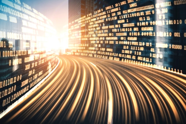 Flujo de datos digitales en la carretera con borrón de movimiento para crear una visión de transferencia de velocidad rápida