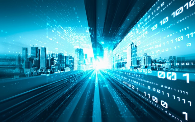 Flujo de datos digitales en la carretera con borrón de movimiento para crear una visión de transferencia de velocidad rápida