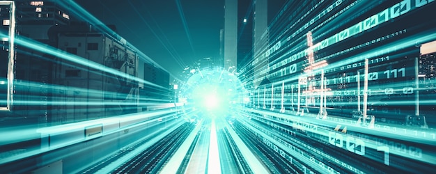 Flujo de datos digitales en la carretera con borrón de movimiento para crear una visión de transferencia de velocidad rápida