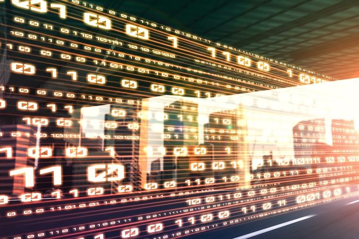 Foto flujo de datos digitales en la carretera con borrón de movimiento para crear una visión de transferencia de velocidad rápida