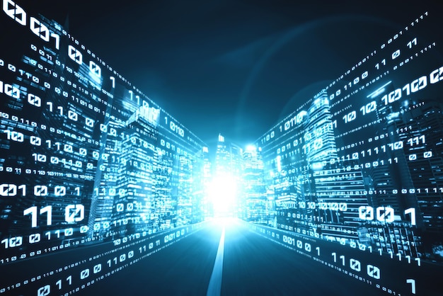 Flujo de datos digitales en la carretera con borrón de movimiento para crear una visión de transferencia de velocidad rápida