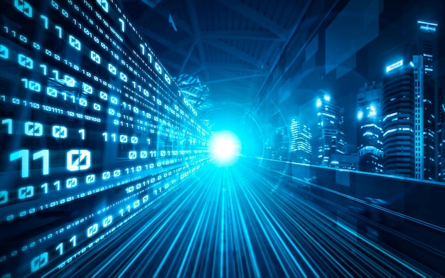 Flujo de datos digitales en la carretera con borrón de movimiento para crear una visión de transferencia de velocidad rápida